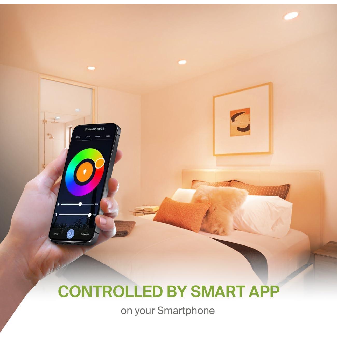 ASD 1 Pack LED Smart Recessed Lighting 6 Inch 15W, RGBW Color Changing Lights, Compatible with Alexa & Google Assistant, Dimmable 2700K-6500K Selectable RGB Lights, WiFi Bluetooth Ceiling Light, ETL