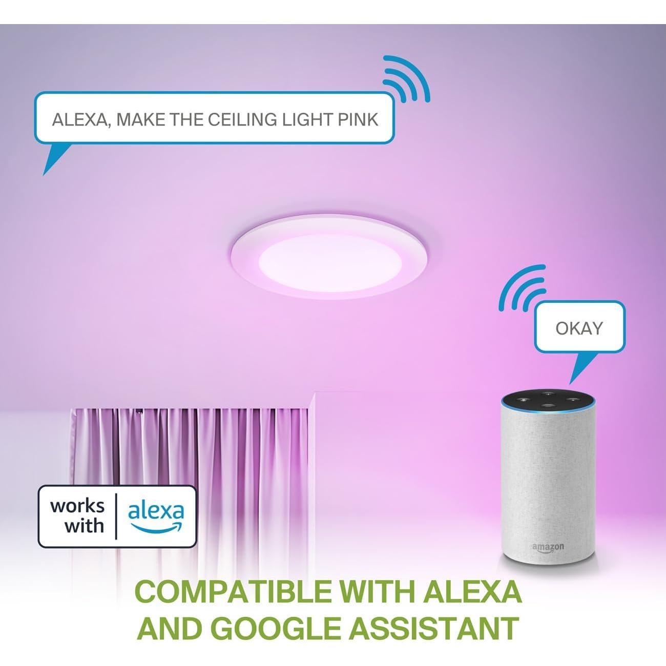 ASD 1 Pack LED Smart Recessed Lighting 6 Inch 15W, RGBW Color Changing Lights, Compatible with Alexa & Google Assistant, Dimmable 2700K-6500K Selectable RGB Lights, WiFi Bluetooth Ceiling Light, ETL