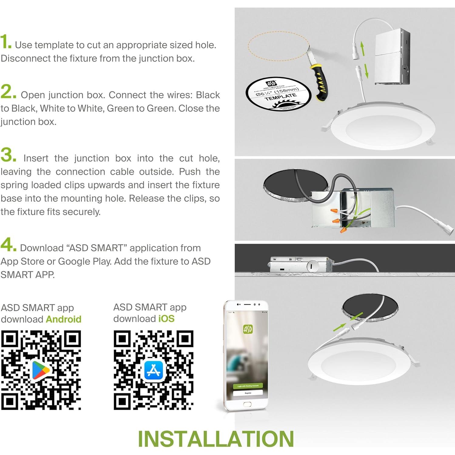 ASD 1 Pack LED Smart Recessed Lighting 6 Inch 15W, RGBW Color Changing Lights, Compatible with Alexa & Google Assistant, Dimmable 2700K-6500K Selectable RGB Lights, WiFi Bluetooth Ceiling Light, ETL