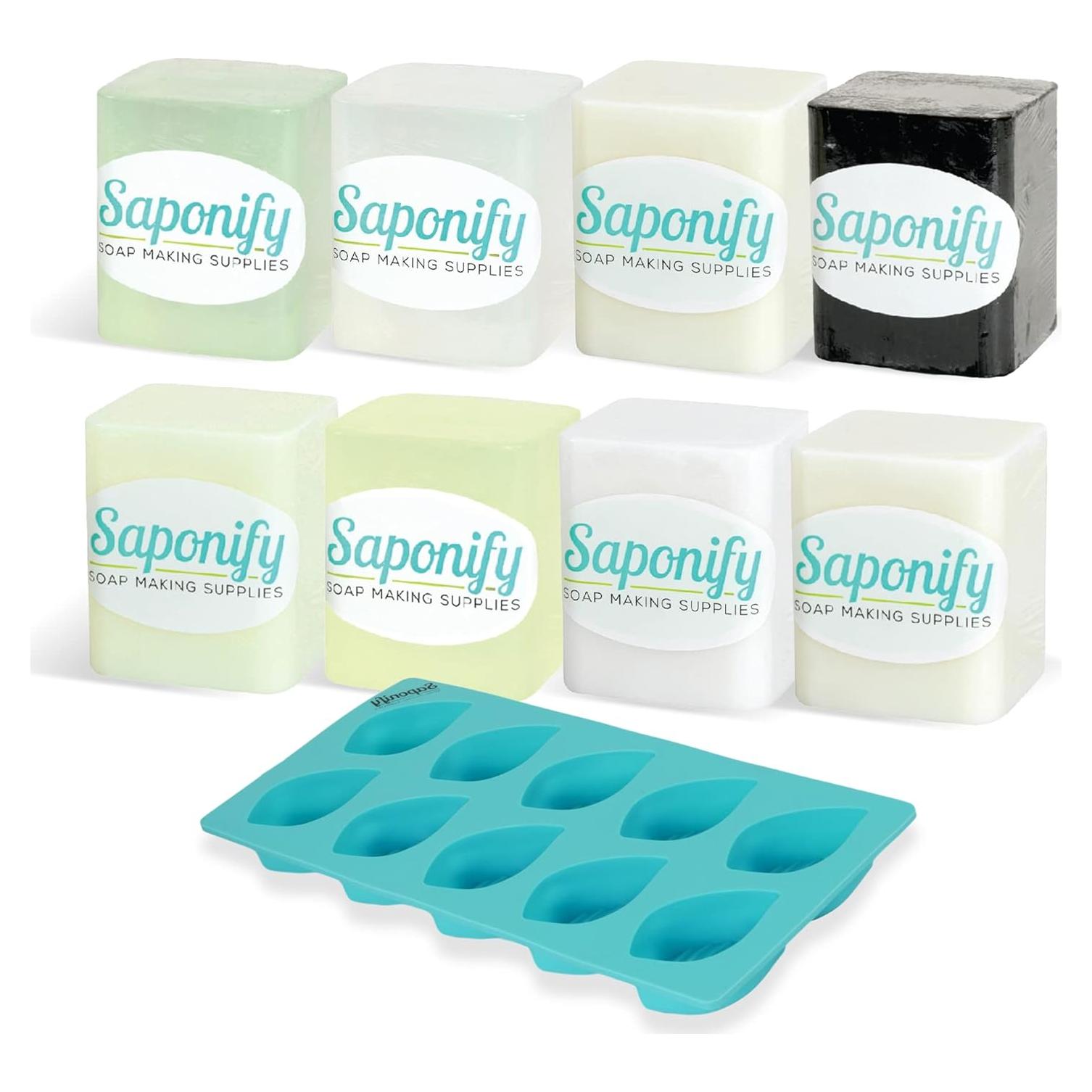Saponify - Melt and Pour Soap Base Sampler Kit, Silicone Mold, Aloe, Clear, Coconut Milk, Charcoal, Avocado Butter, Olive Oil, White and Shea Butter, 1Lb Each, Variety Pack 1