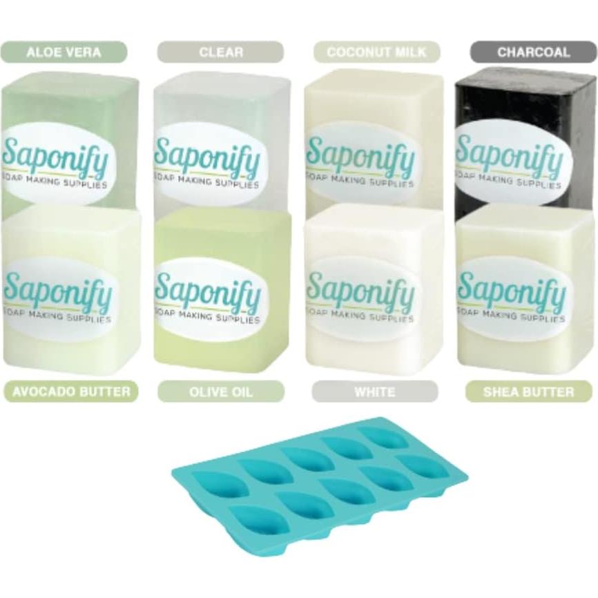 Saponify - Melt and Pour Soap Base Sampler Kit, Silicone Mold, Aloe, Clear, Coconut Milk, Charcoal, Avocado Butter, Olive Oil, White and Shea Butter, 1Lb Each, Variety Pack 1