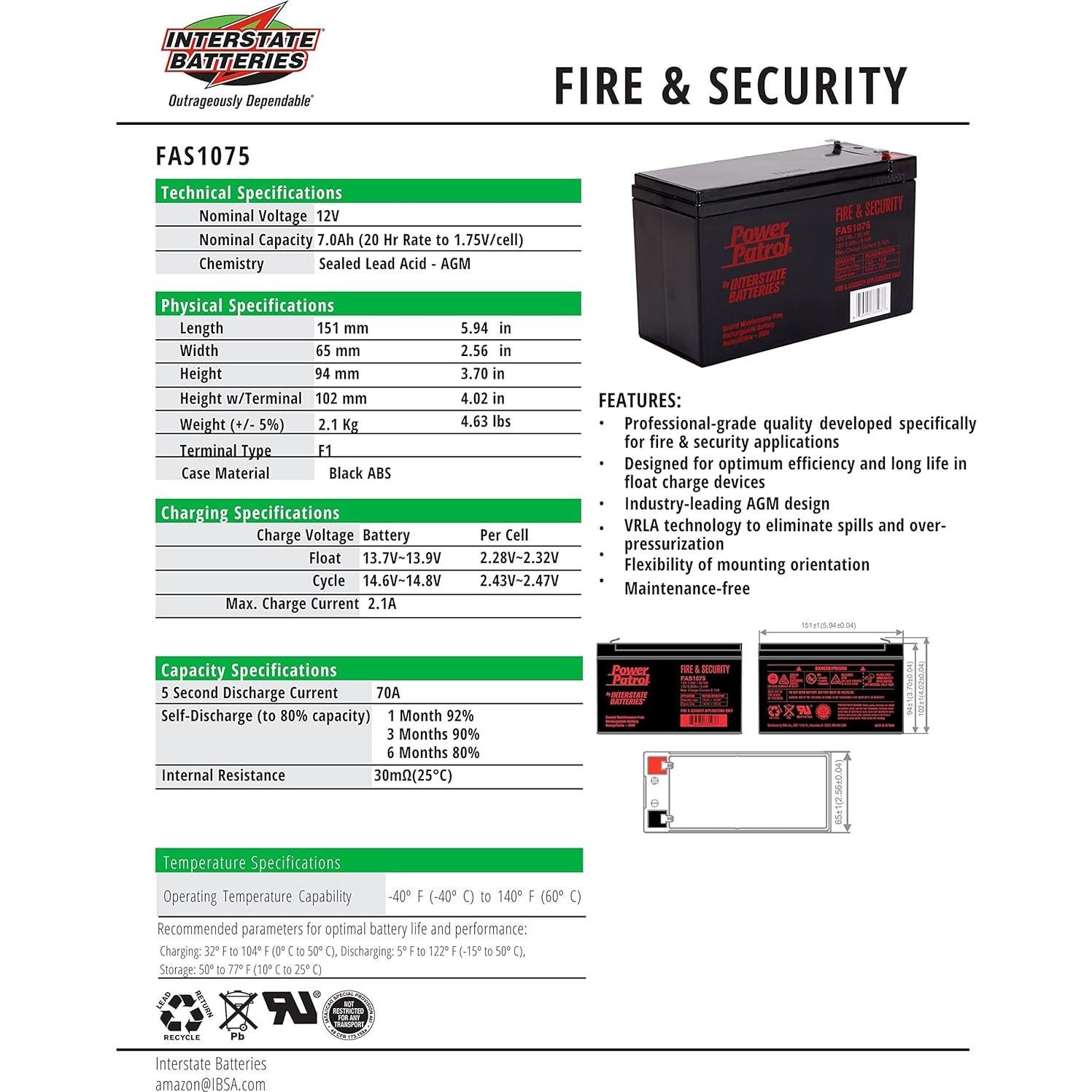 Batería Recargable 12V 7Ah Interstate FAS1075 para Seguridad