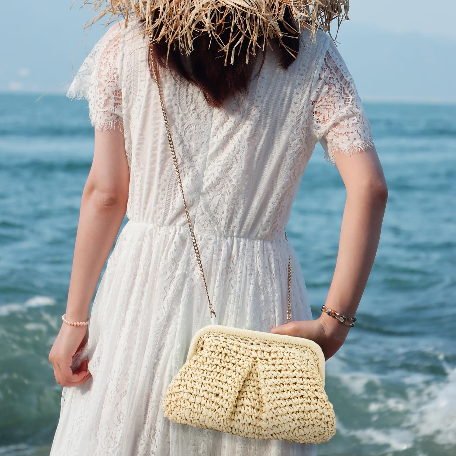 Bolso de paja Freie Liebe para mujeres, clutch de verano beige