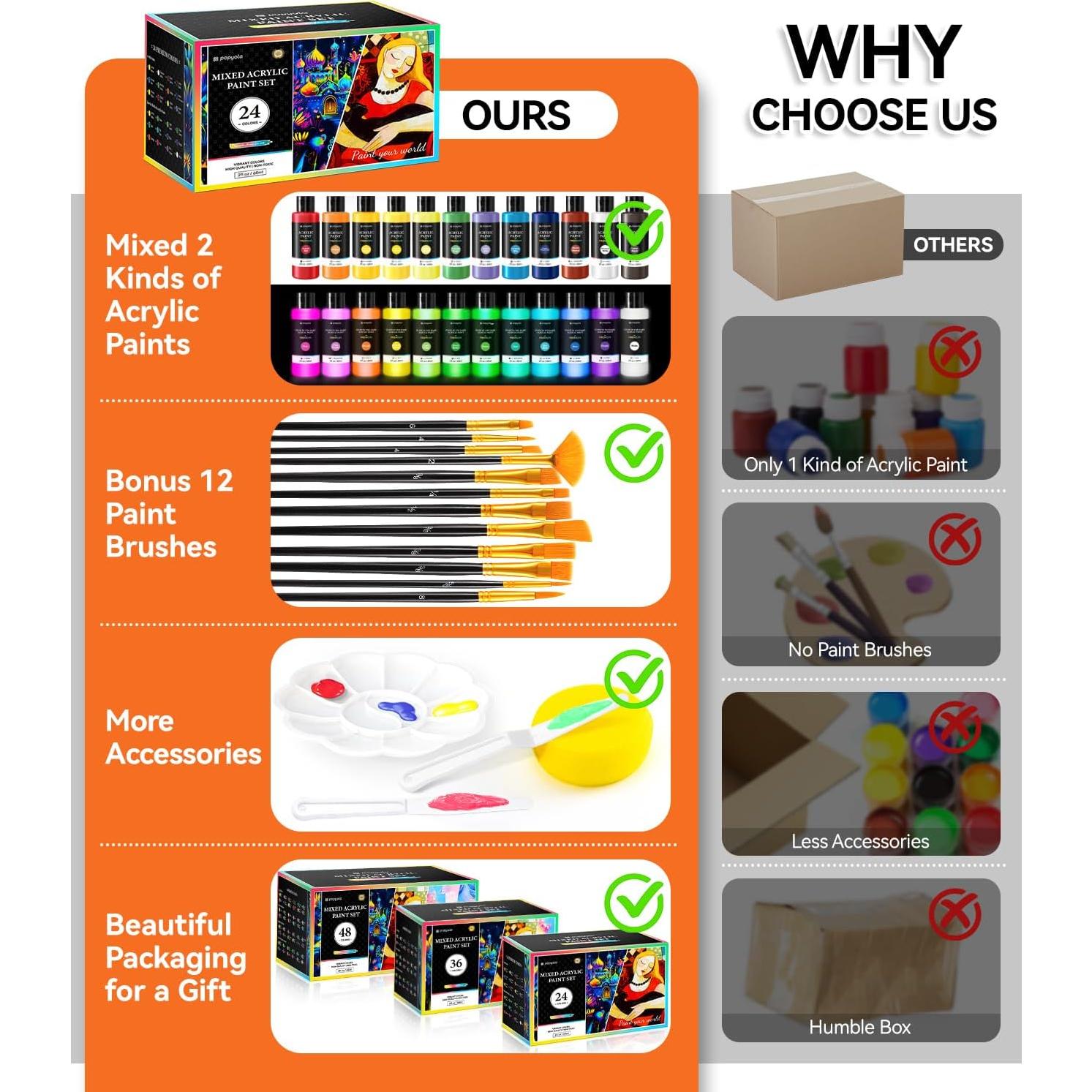 Kit de Pintura Acrílica POPYOLA 40 PCS - 24 Colores Brillantes