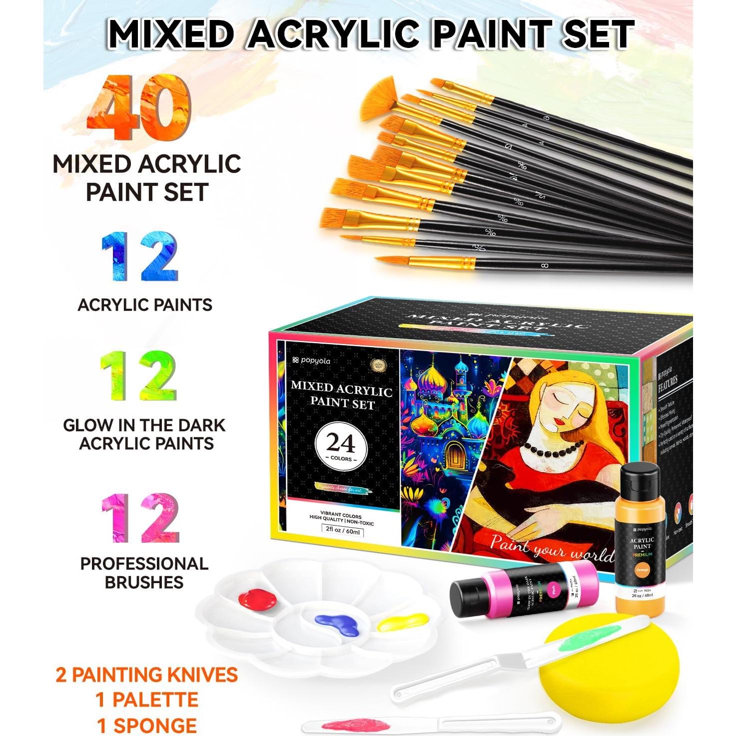 Kit de Pintura Acrílica POPYOLA 40 PCS - 24 Colores Brillantes