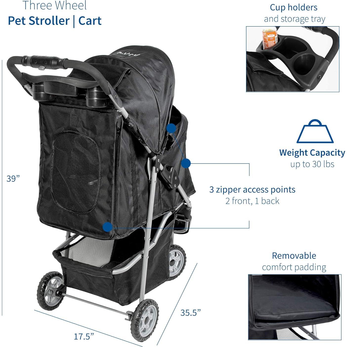 Carrito Plegable para Mascotas VIVO Negro 3 Ruedas 13.6 kg