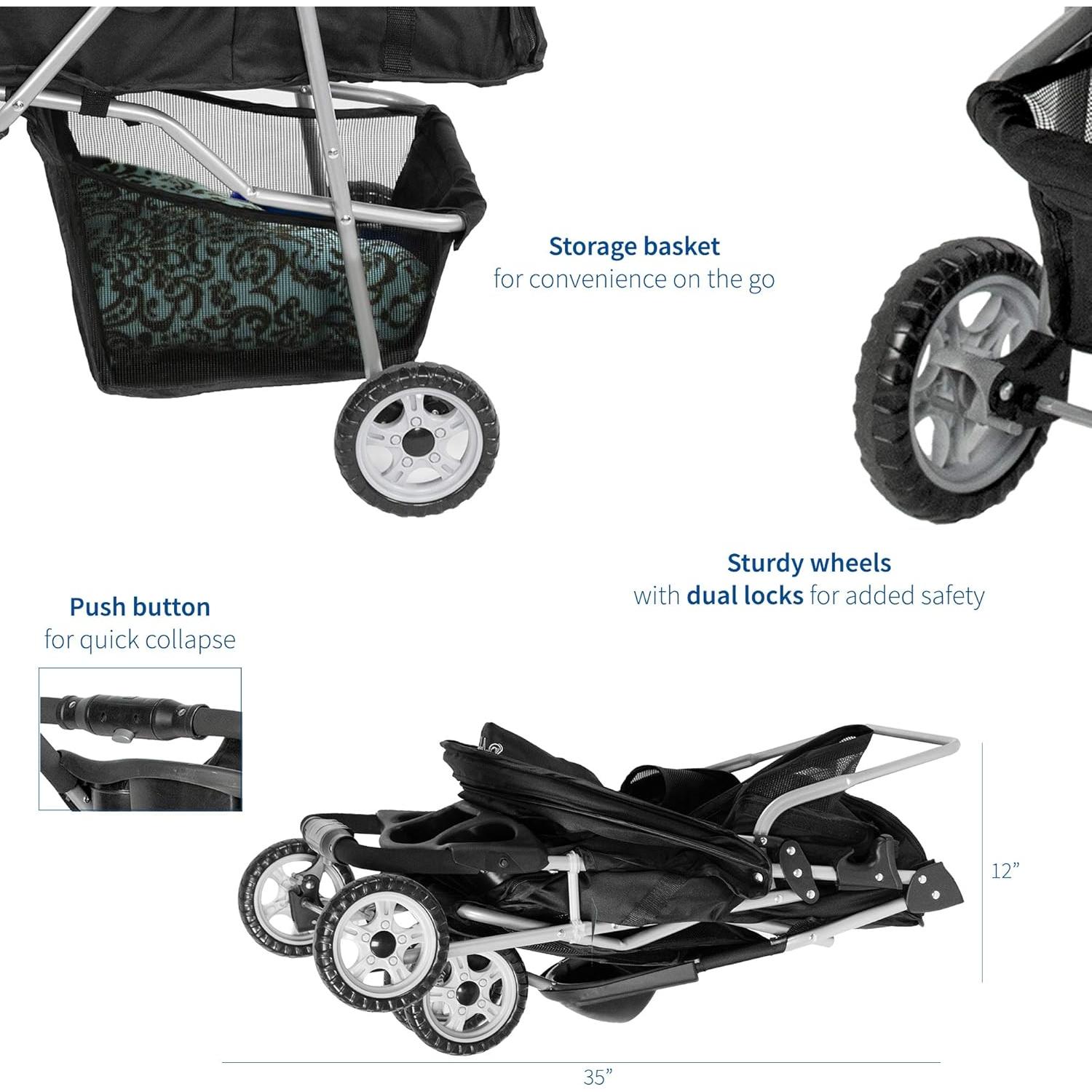 Carrito Plegable para Mascotas VIVO Negro 3 Ruedas 13.6 kg