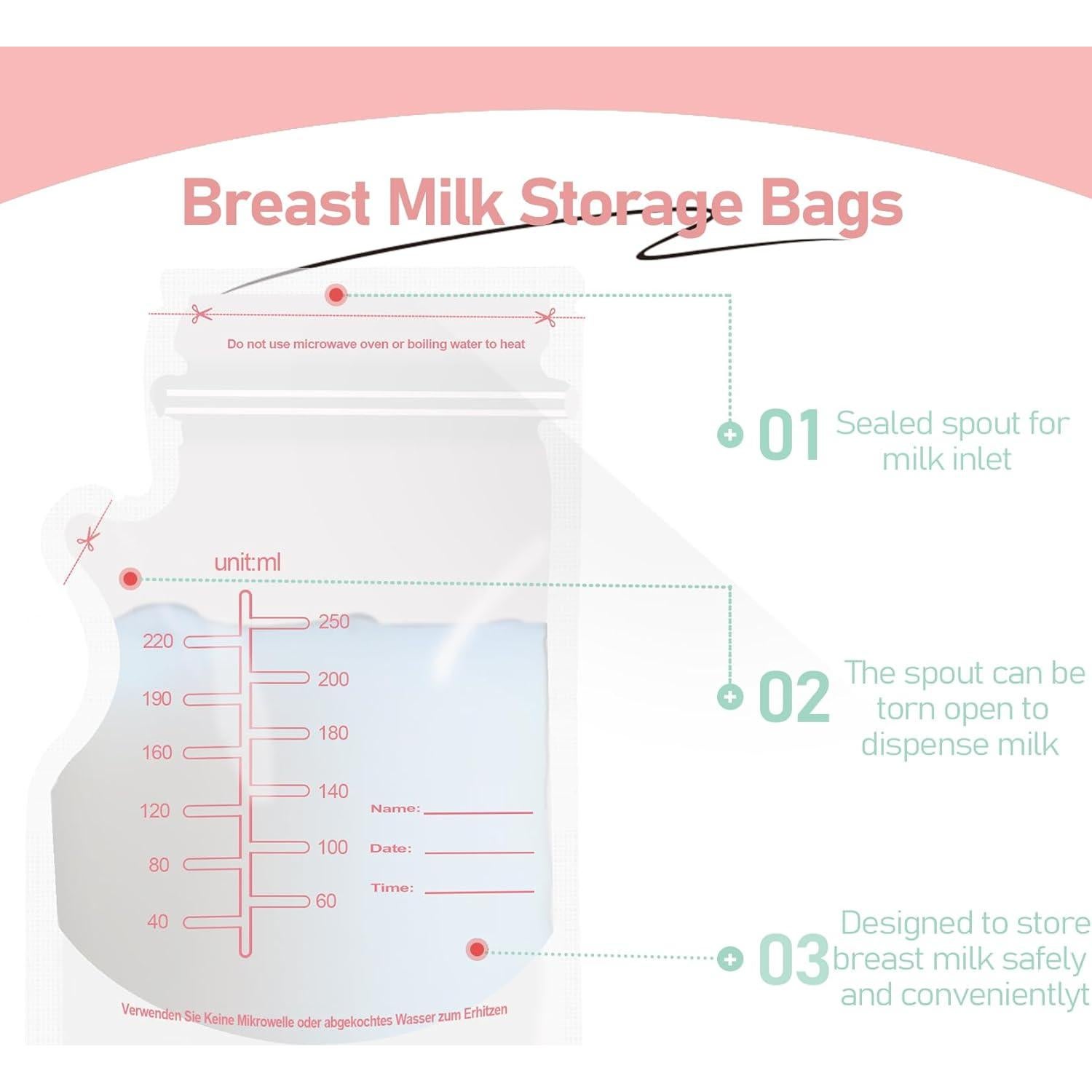 30 Bolsas de Almacenamiento de Leche Materna Rosa - Desechables