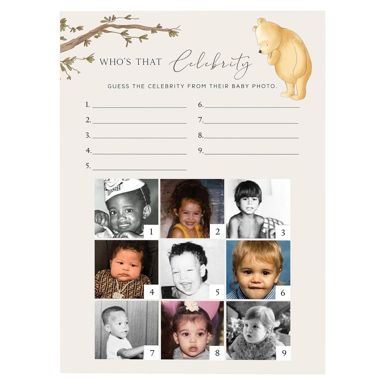 Juego de Baby Shower Winnie Pooh - 30 Tarjetas de Adivinanza