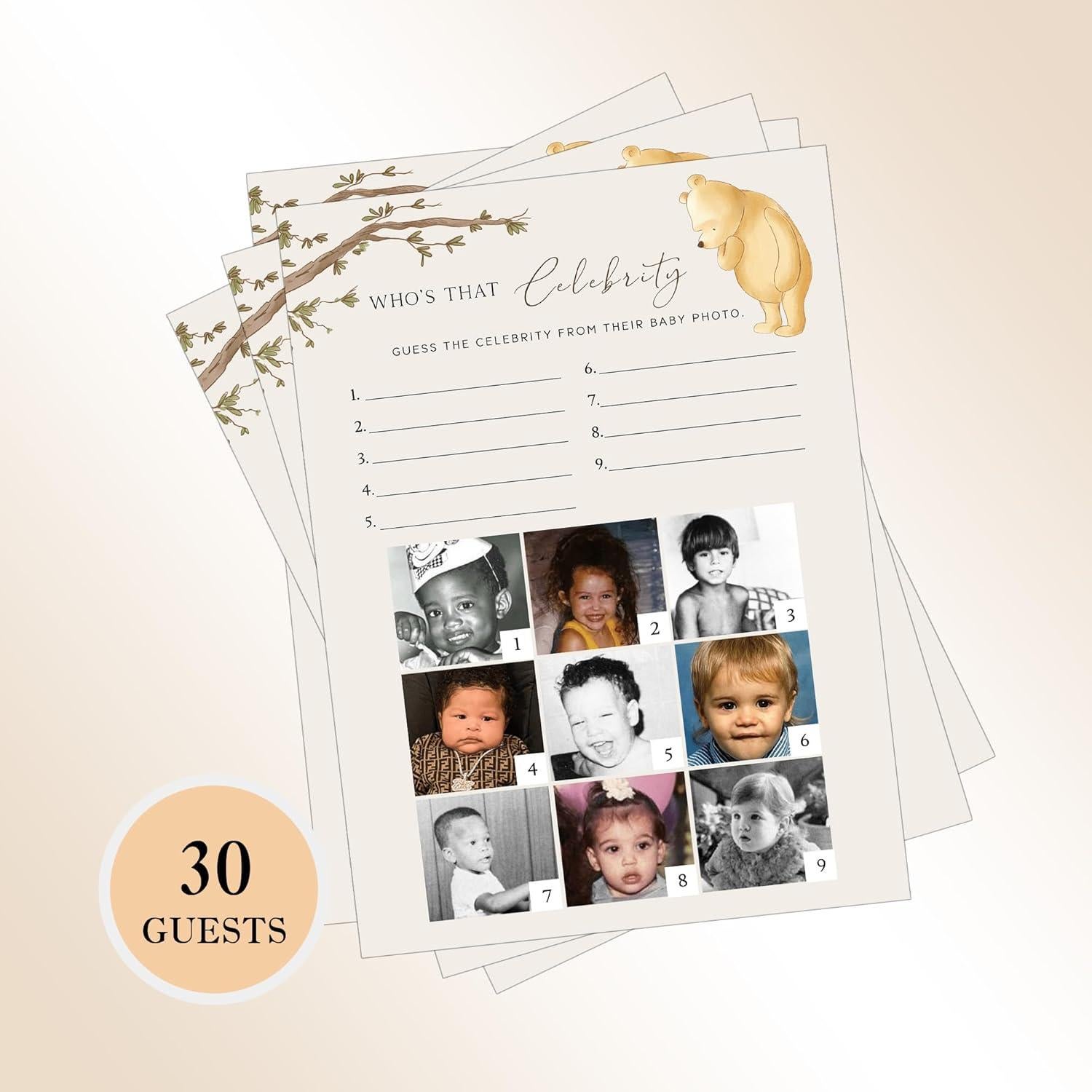 Juego de Baby Shower Winnie Pooh - 30 Tarjetas de Adivinanza