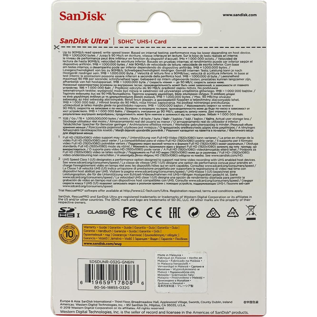 Tarjeta de Memoria SanDisk Ultra 32GB SDHC UHS-I 90MB/s