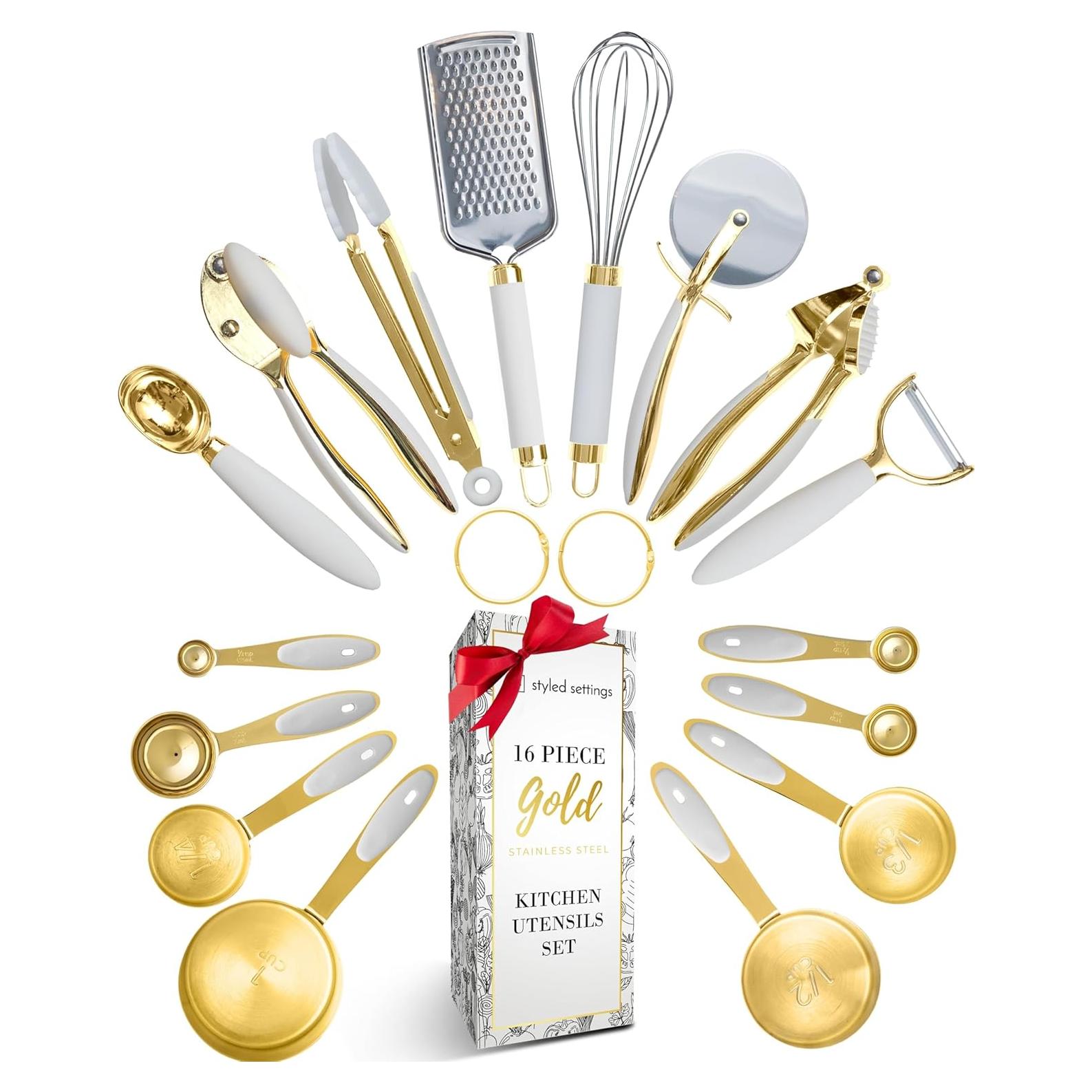 Conjunto de Utensilios de Cocina 16 Piezas STYLED SETTINGS Blanco y Dorado
