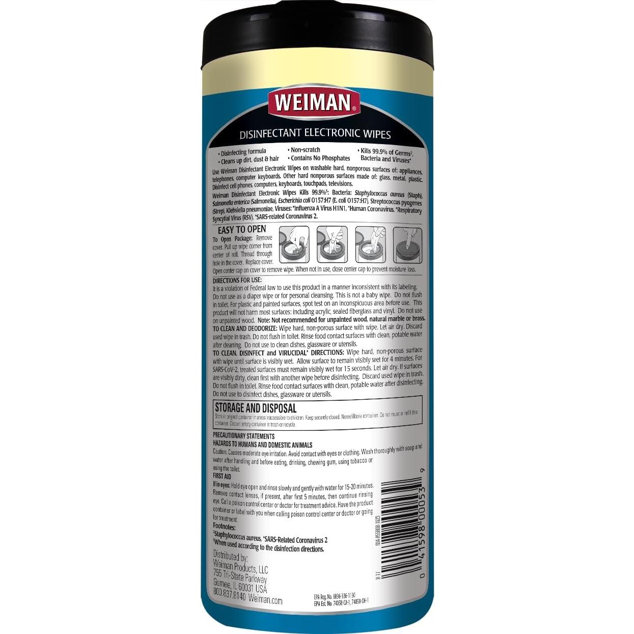 Toallitas Desinfectantes Weiman para Electrónicos - 30 Unidades