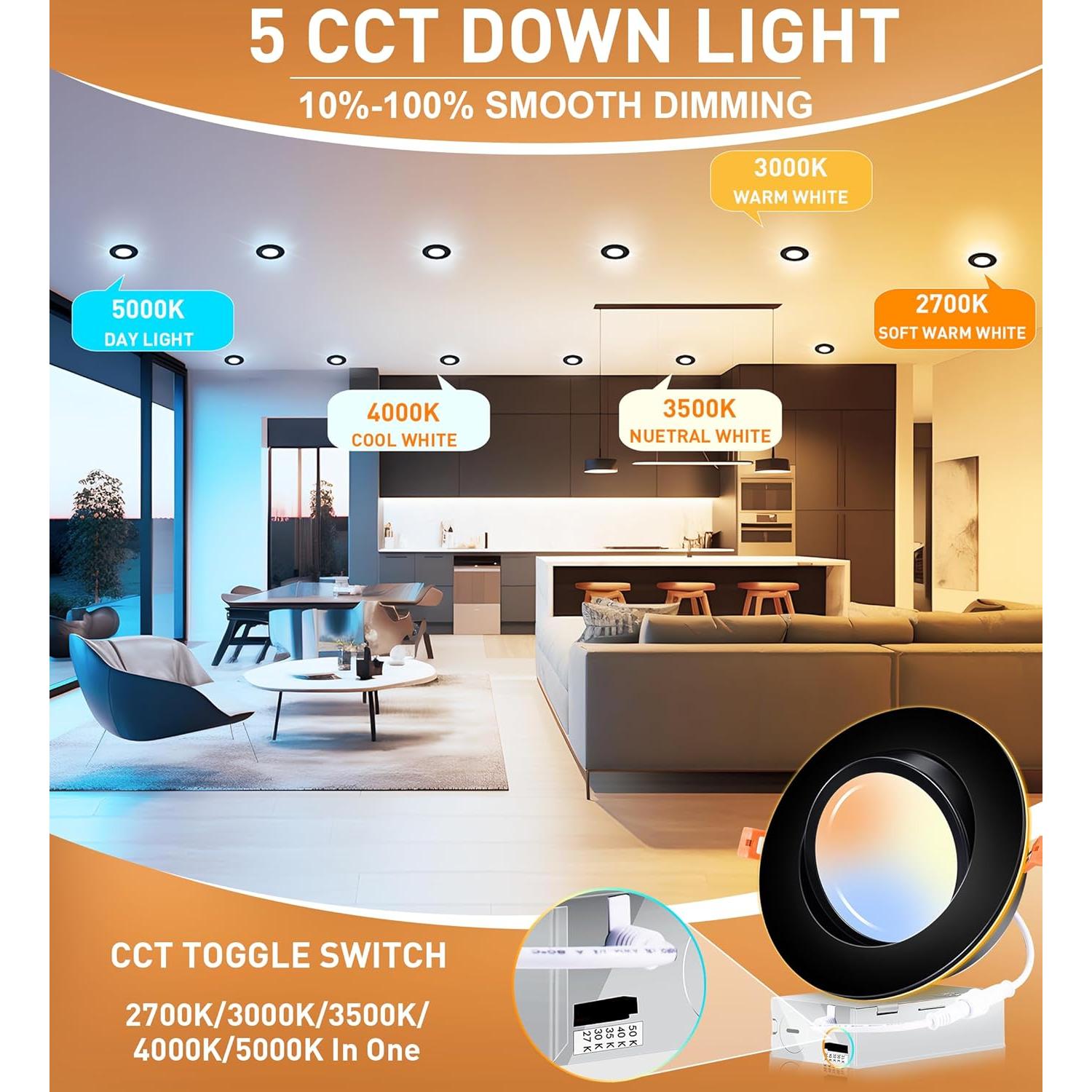 Luz LED Empotrada CLOUDY BAY 12W 5CCT Regulable Negro 4 Pack