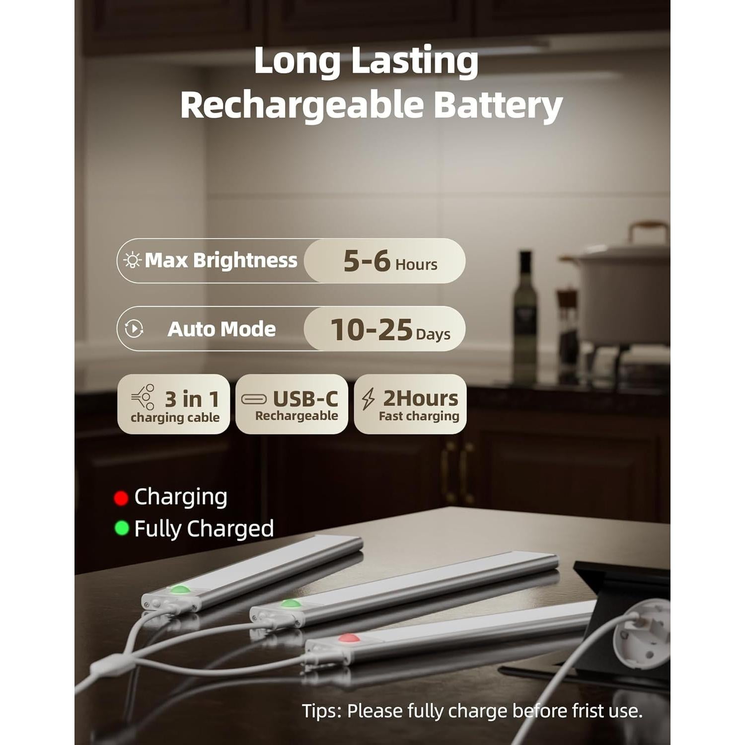 Luces LED Bajo Gabinete Inalámbricas AMETHEUS 20.32cm 3 Pcs