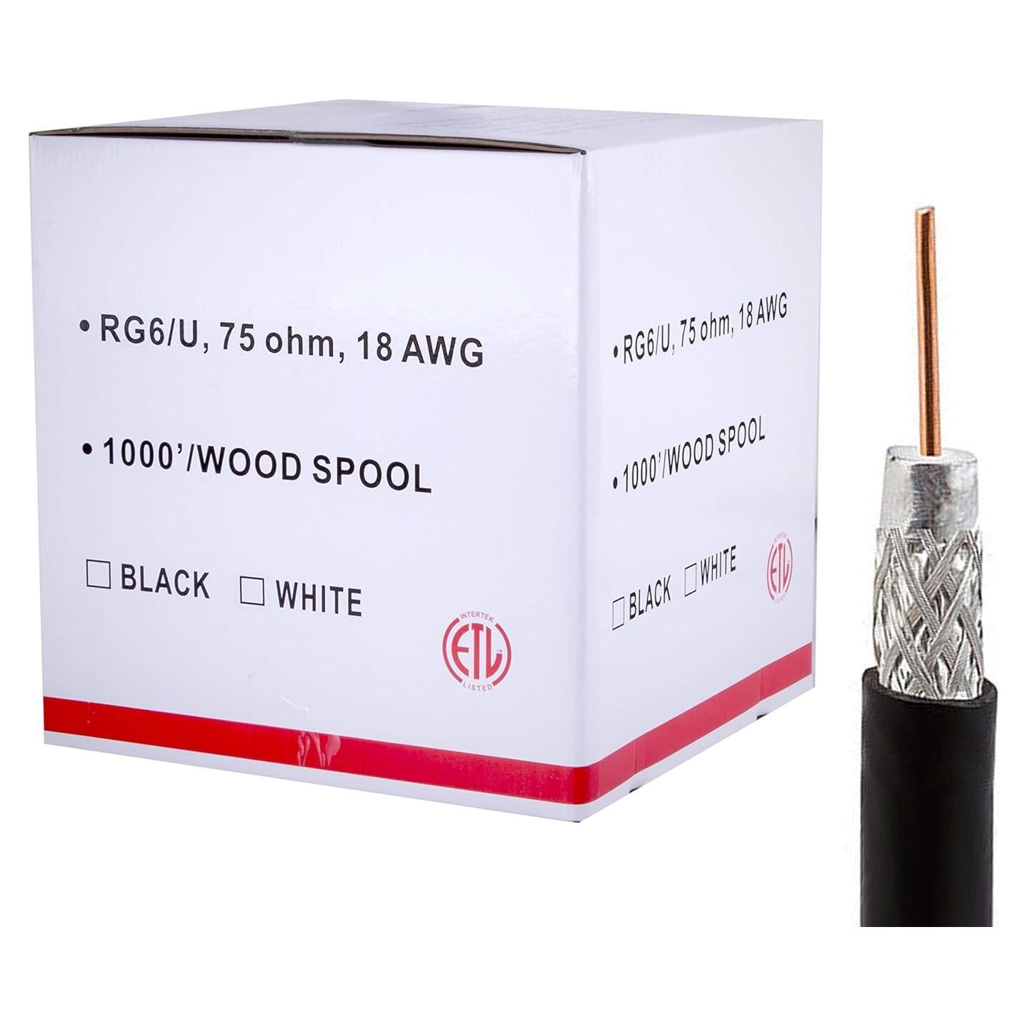 Cable Coaxial Blindado RG6U 75 Ohmios 1000 pies Five Star Negro