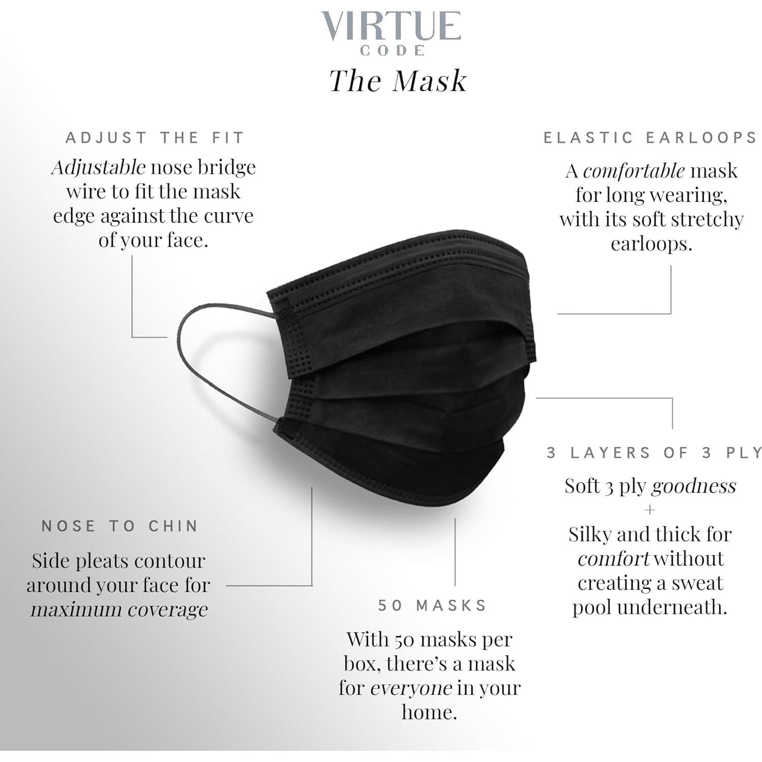 Mascarillas Desechables VIRTUE CODE 3 Capas Color Negro 50 Unidades