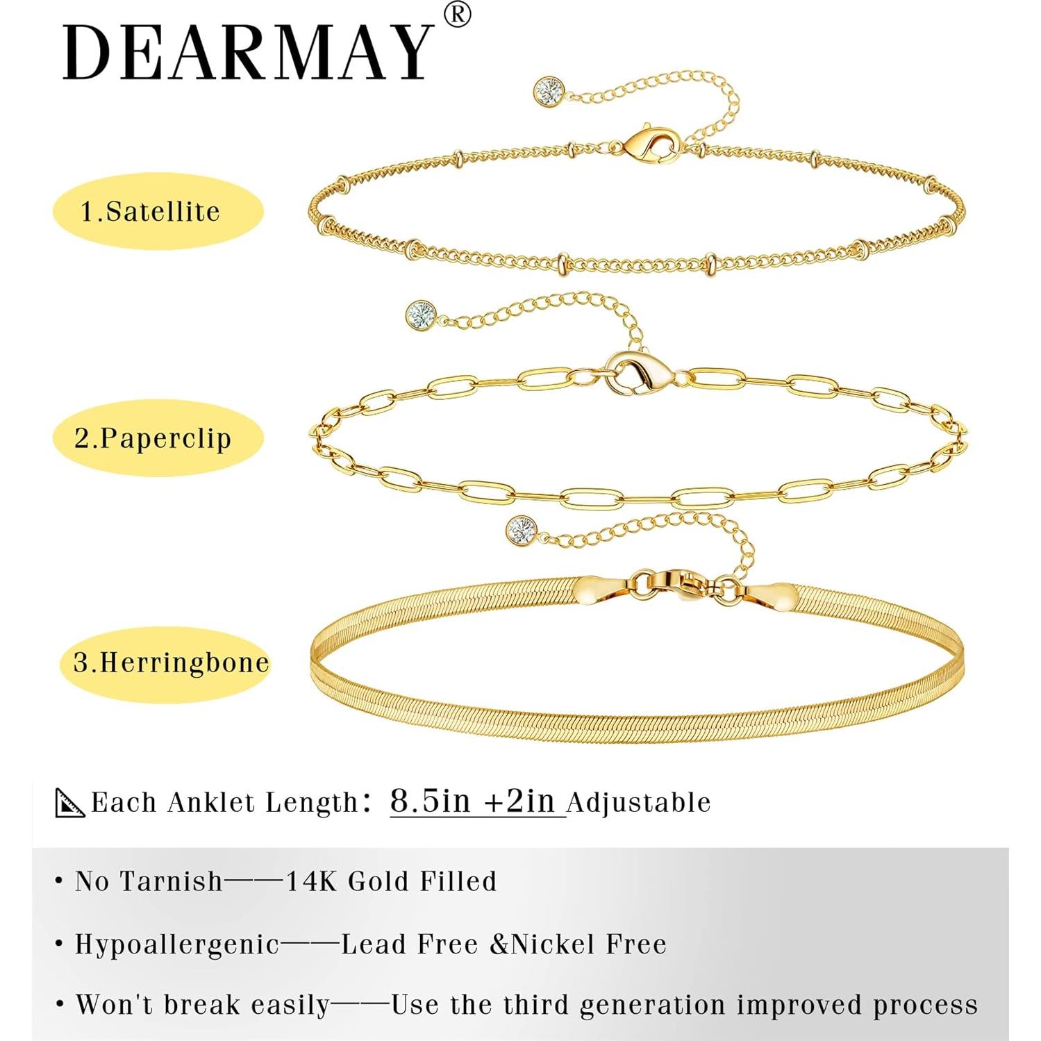 Conjunto de Pulseras de Tobillo de Oro 14K DEARMAY 3 Piezas