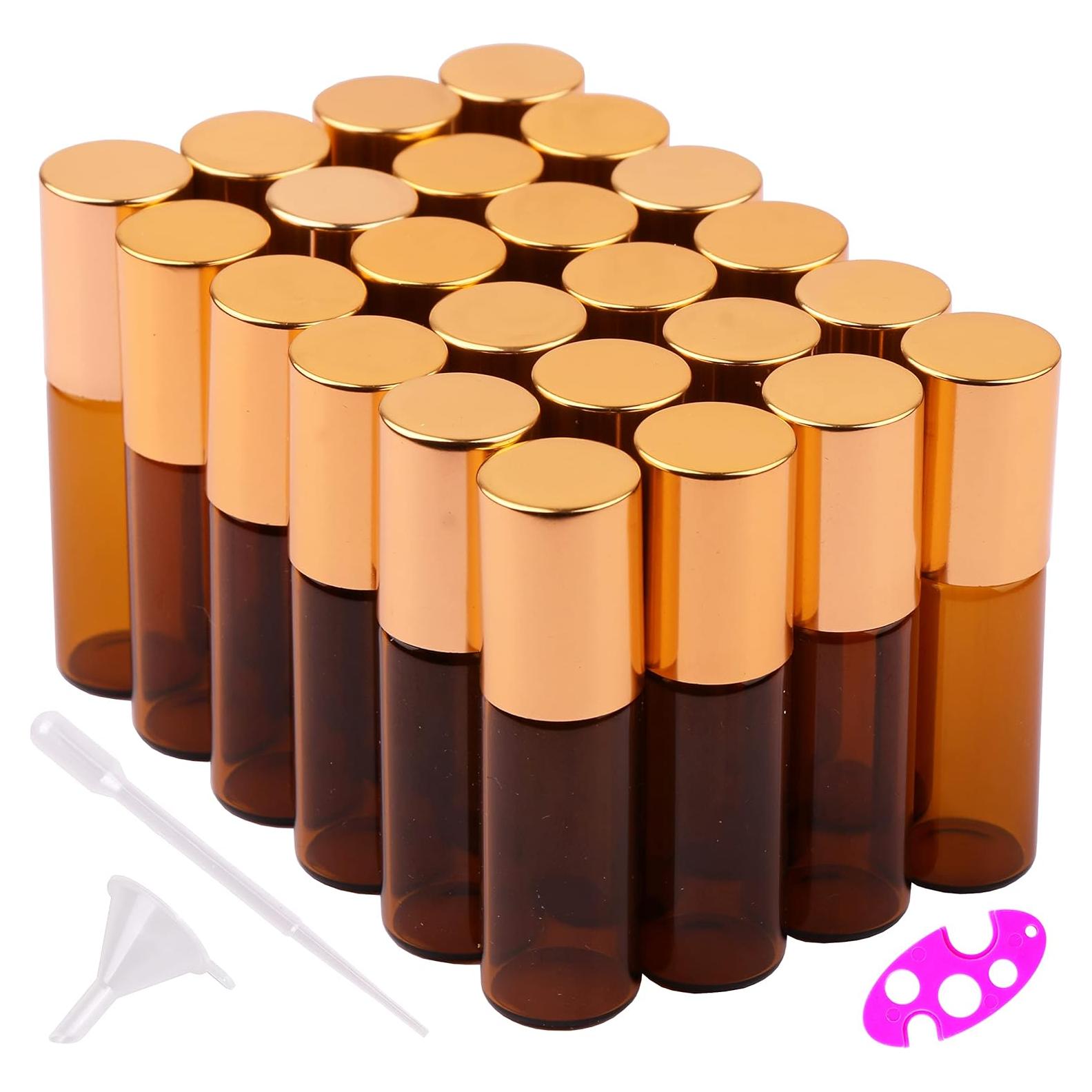 MaxMau 24 Botellas de Vidrio Ámbar 5ml con Rodillo Acero Inoxidable