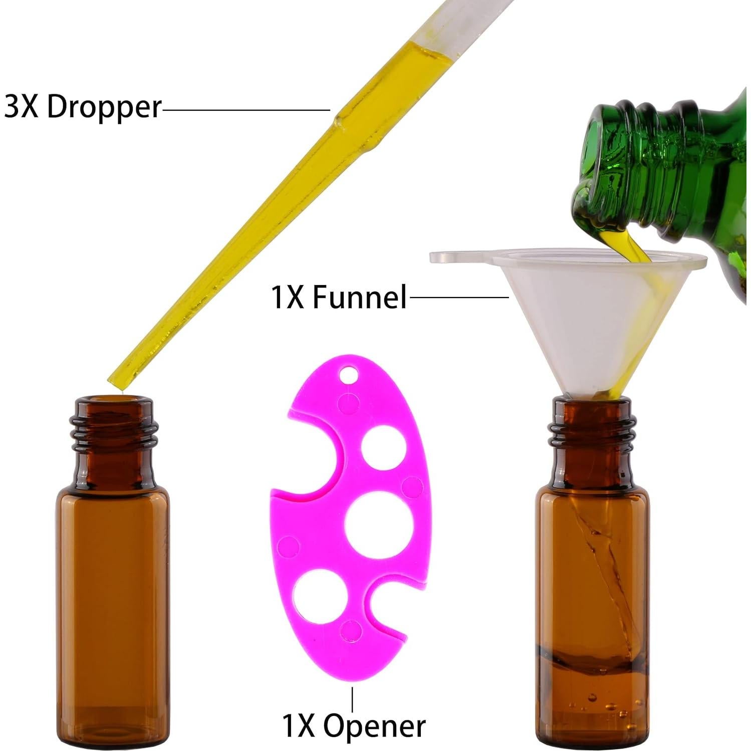 MaxMau 24 Botellas de Vidrio Ámbar 5ml con Rodillo Acero Inoxidable