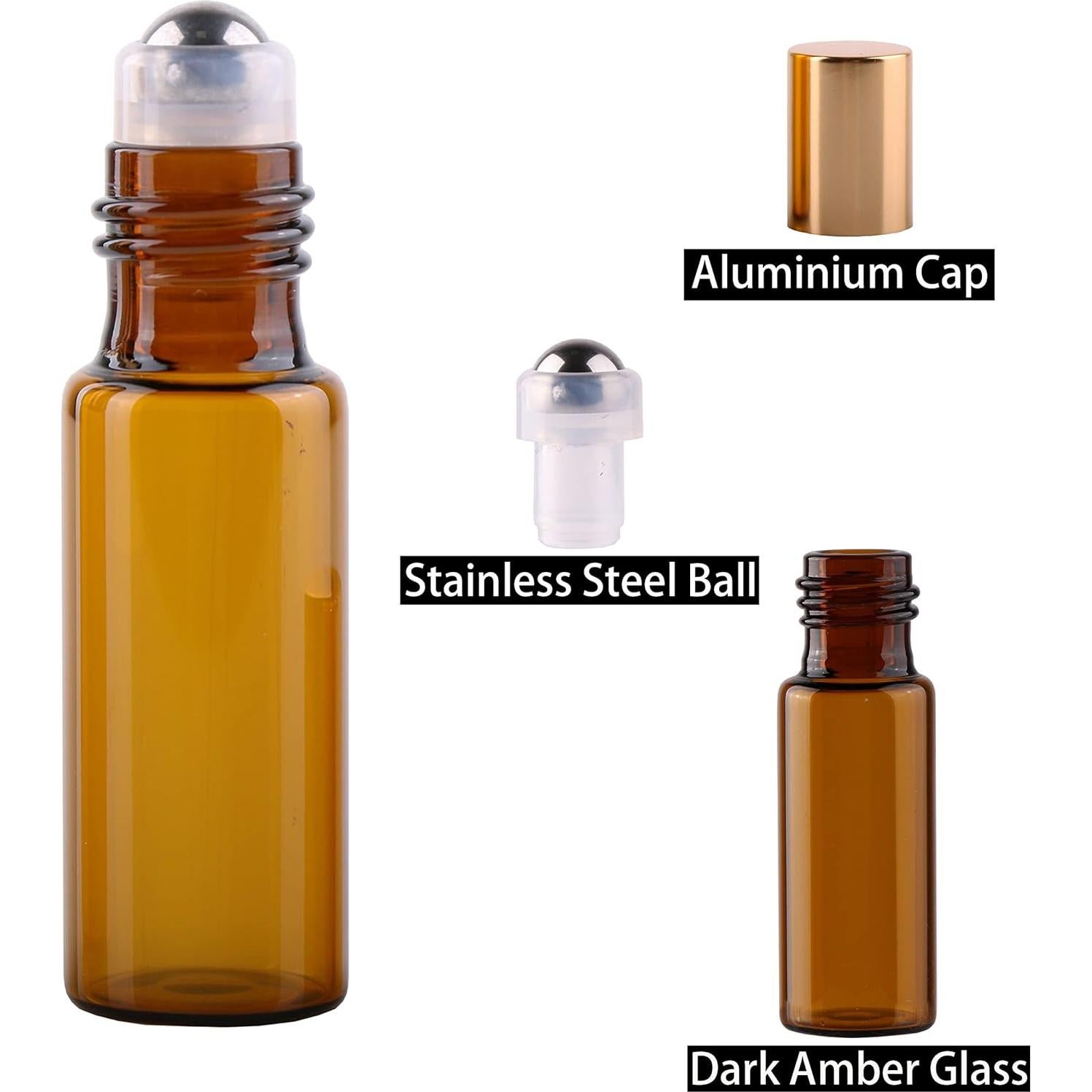 MaxMau 24 Botellas de Vidrio Ámbar 5ml con Rodillo Acero Inoxidable