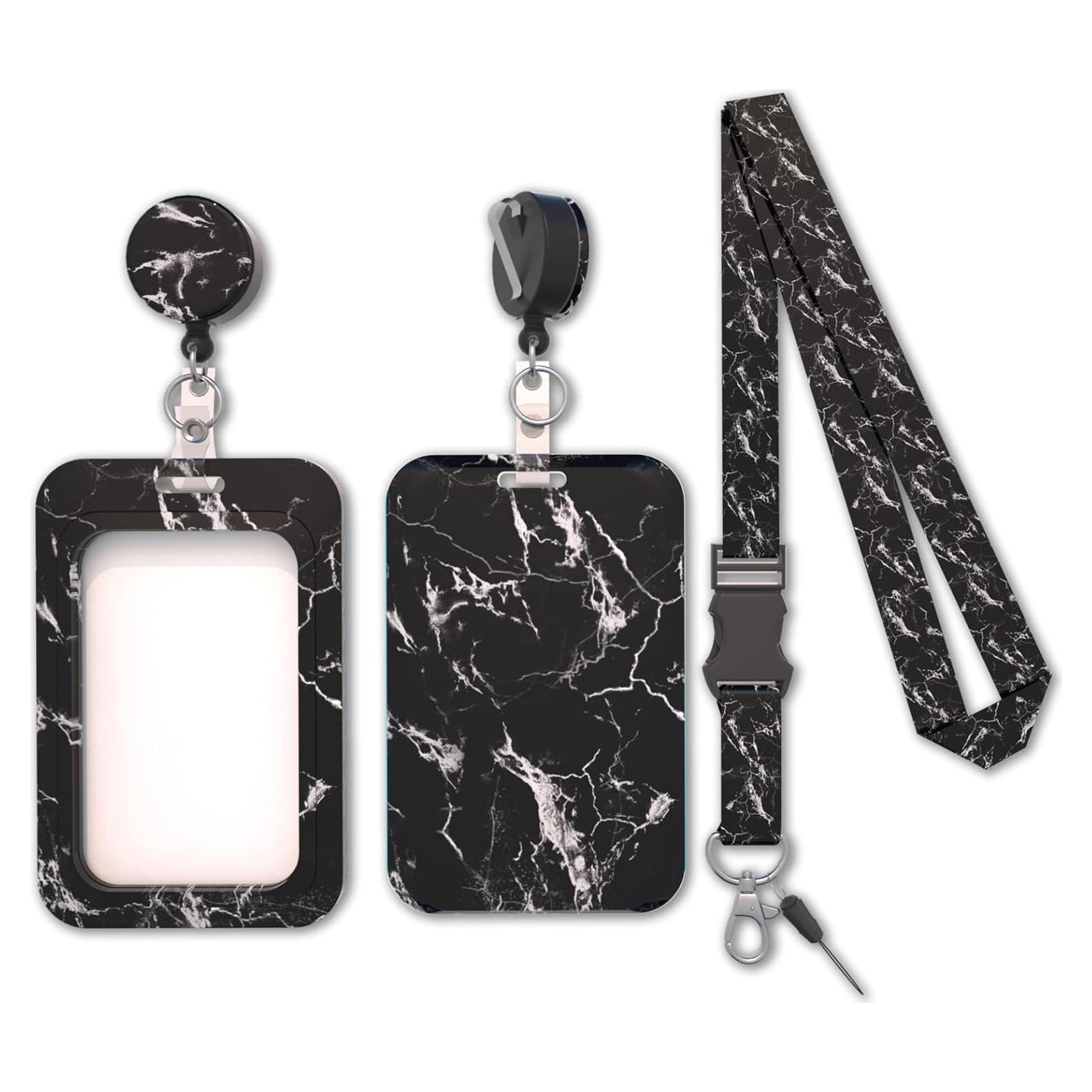 Porta Credencial Retráctil Coaott Mármol Negro con Clip