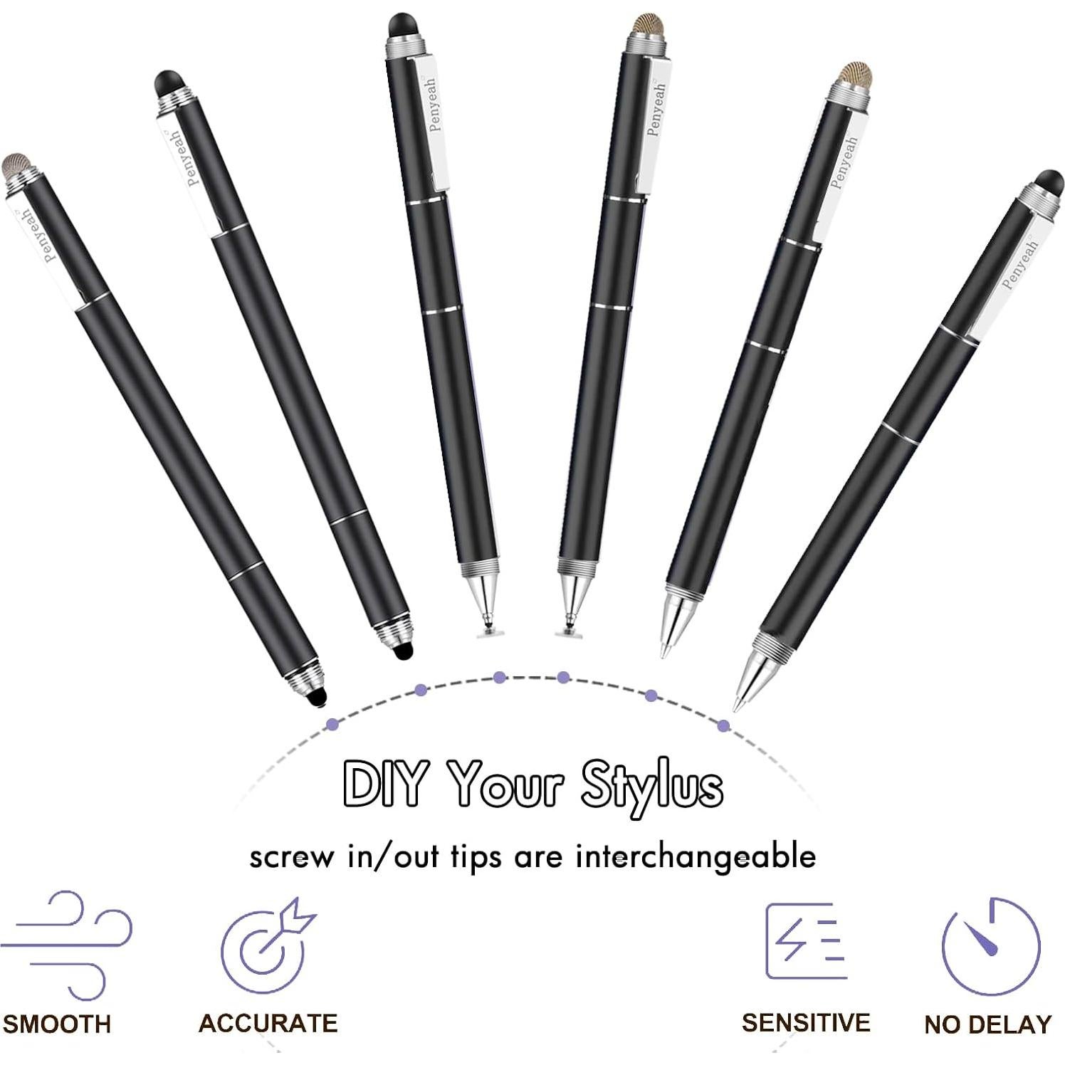Penyeah Stylus Pen, 4 in 1 Disc Stylus Pens for Touch Screens, High Precision and Sensitivity Universal Capacitive Stylus, Stylist for Tablets,iPhone,iPad,Laptops with 4 Replacement Tips - Black