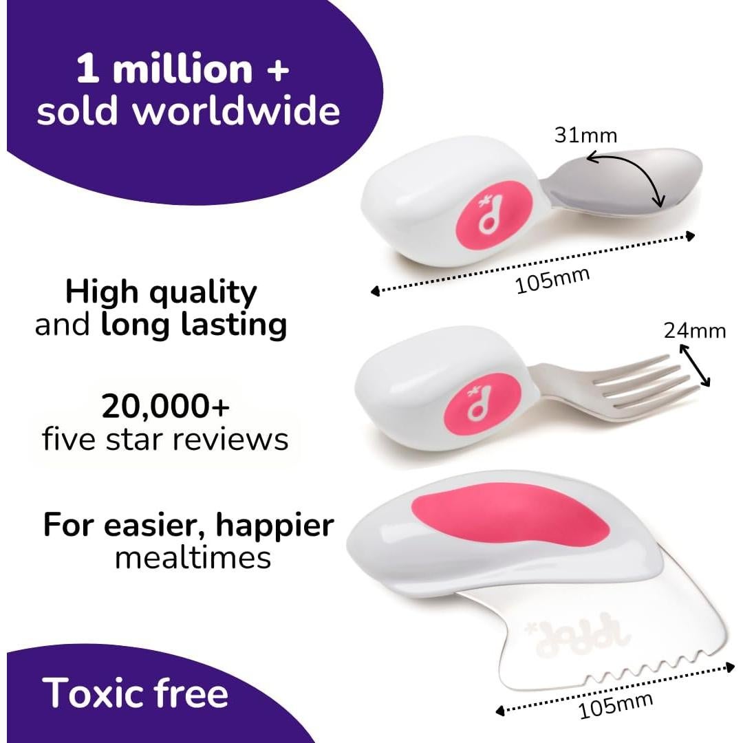 Juego de Cubiertos Doddl para Niños Pequeños - Acero Inoxidable, 3 Piezas, Apto para Lavavajillas, Color Magenta