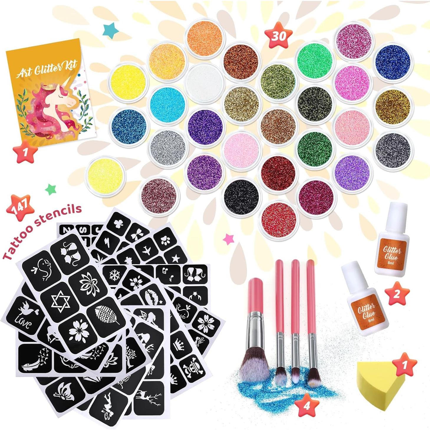 Kit de Tatuajes Temporales Brillantes Bedoira 30 Colores