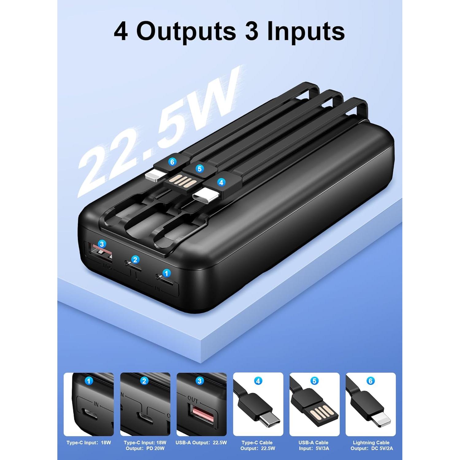 Cargador Portátil Power Bank 49800mAh 22.5W 3 Cables Integrados