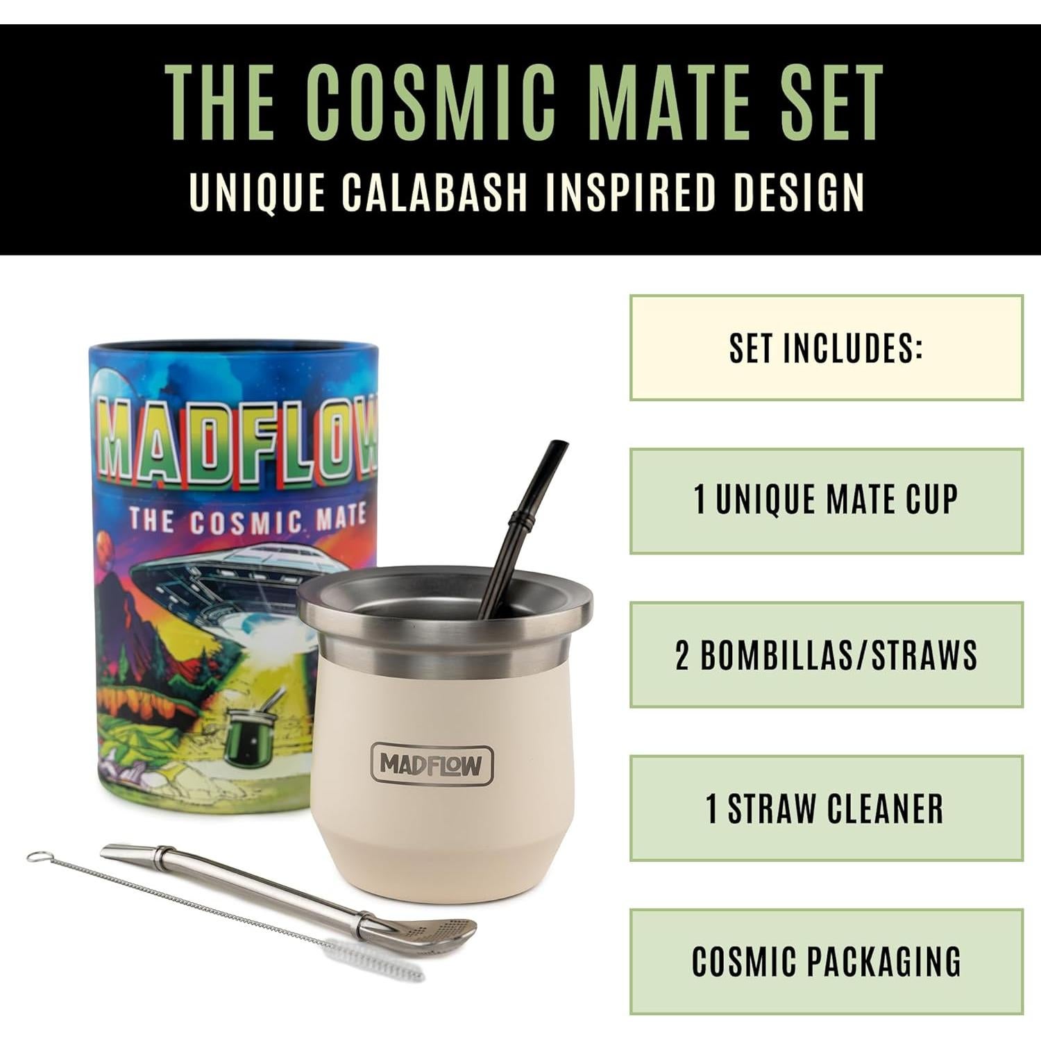 Taza de Yerba Mate MADFLOW Acero Inoxidable 226ml con 2 Bombillas