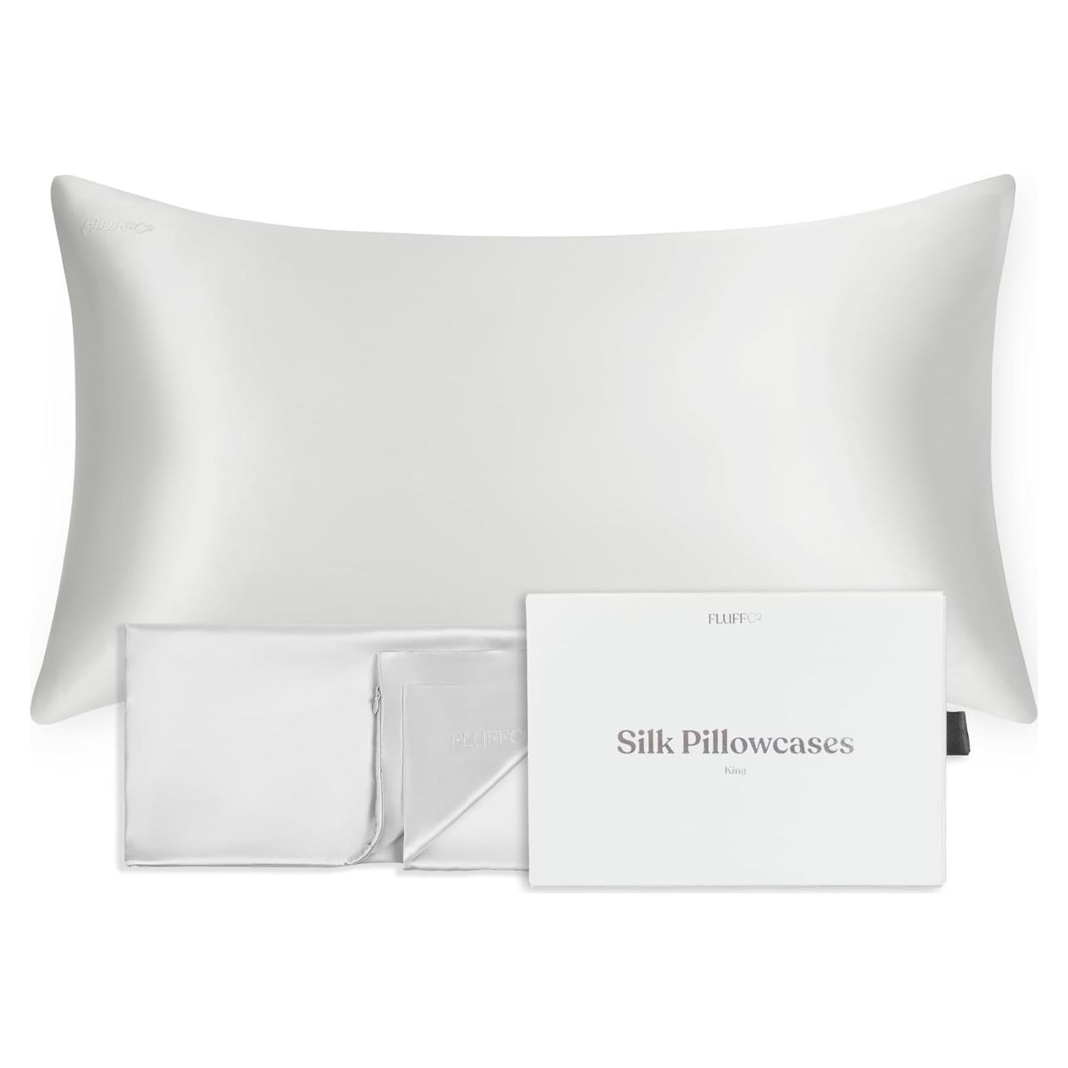 Funda de Almohada de Seda 100% Pura FluffCo King Plata
