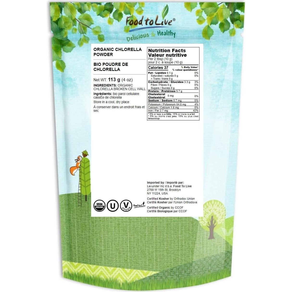 Polvo de Chlorella Orgánica Food to Live 113g - Superalimento Vegano