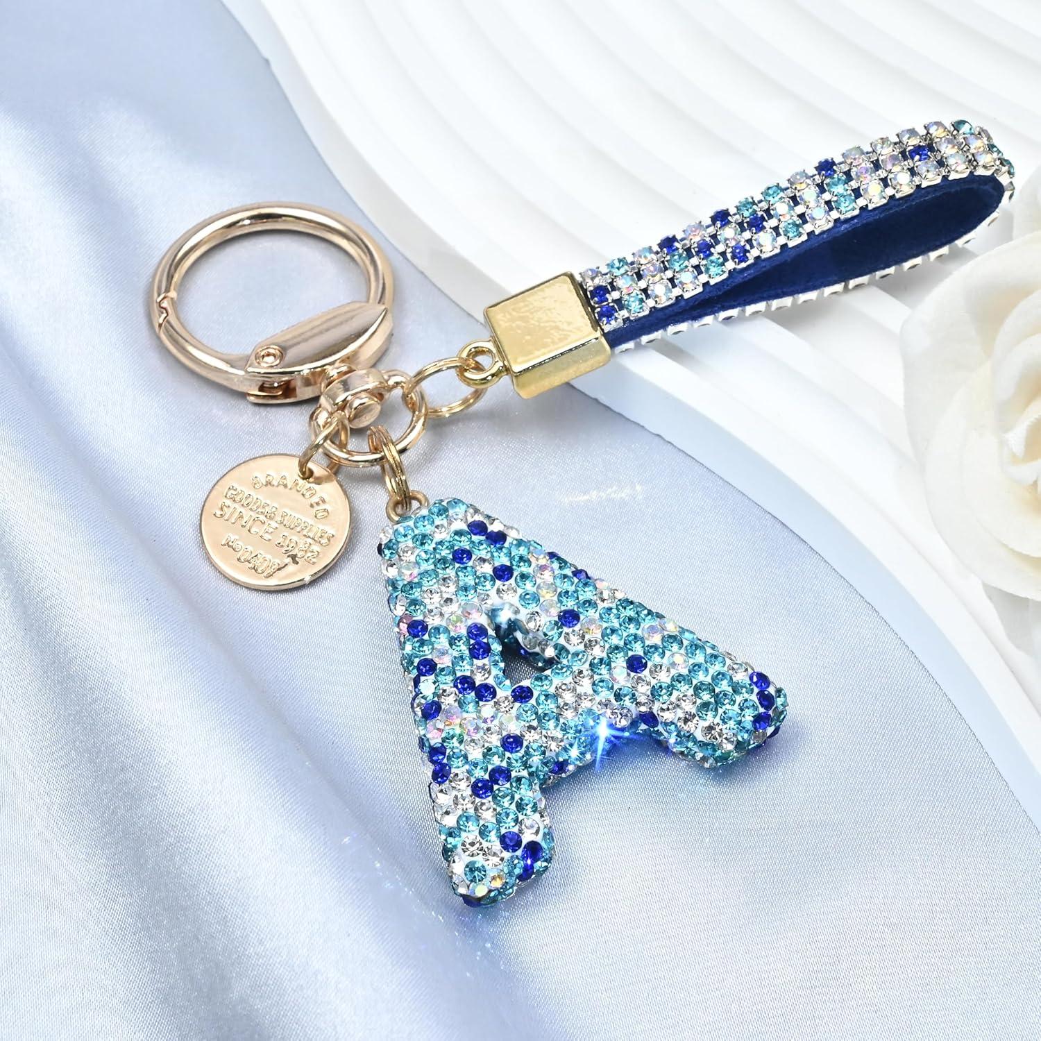 Llavero de Letra Inicial Brillante Rosa Azul Blanco - Regalo Mujeres