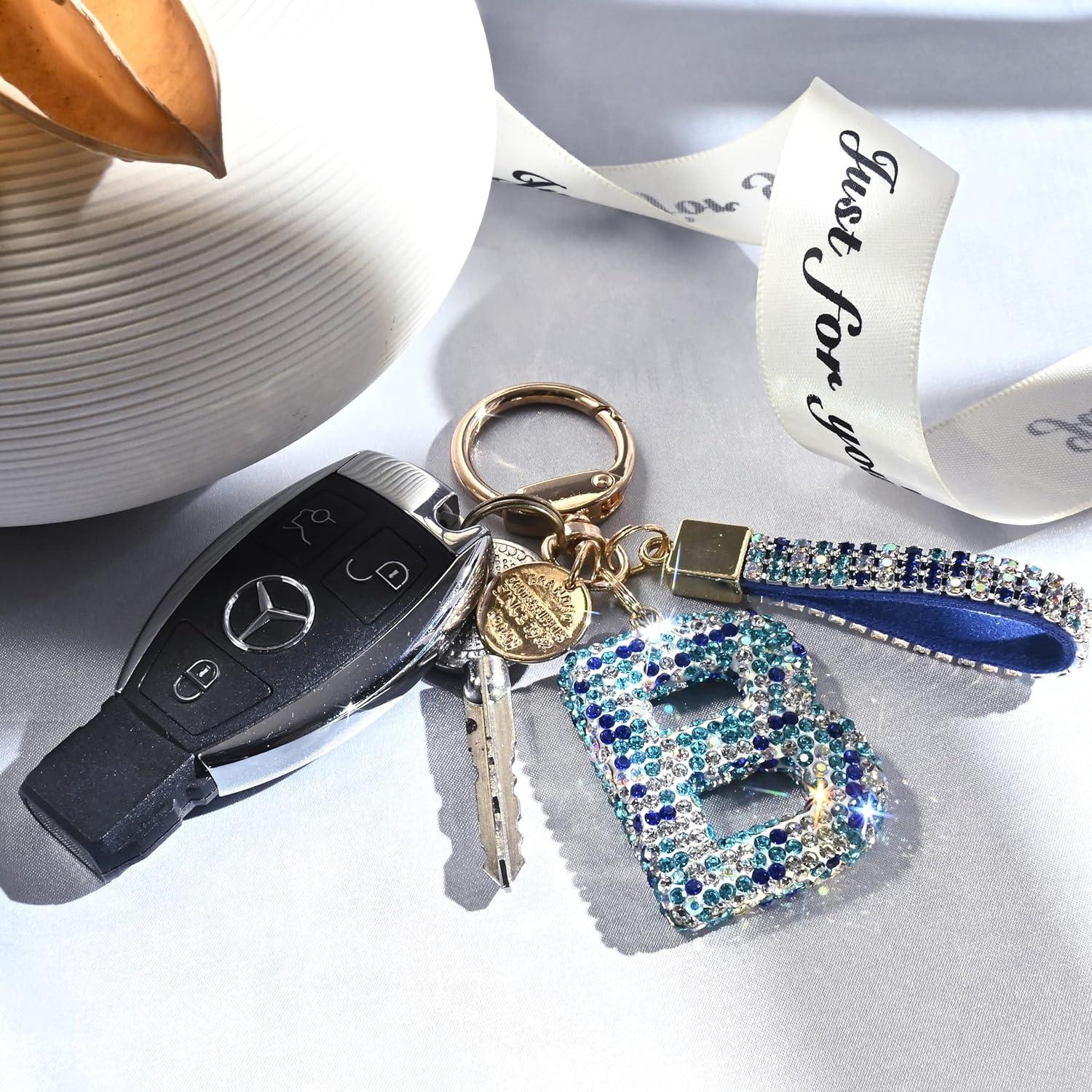 Llavero de Letra Inicial Brillante Rosa Azul Blanco - Regalo Mujeres