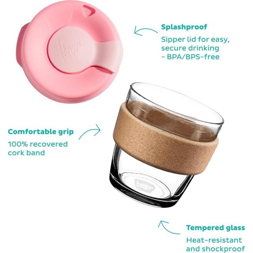 Vaso de Vidrio Reutilizable KeepCup Brew Cork 227ml Negro