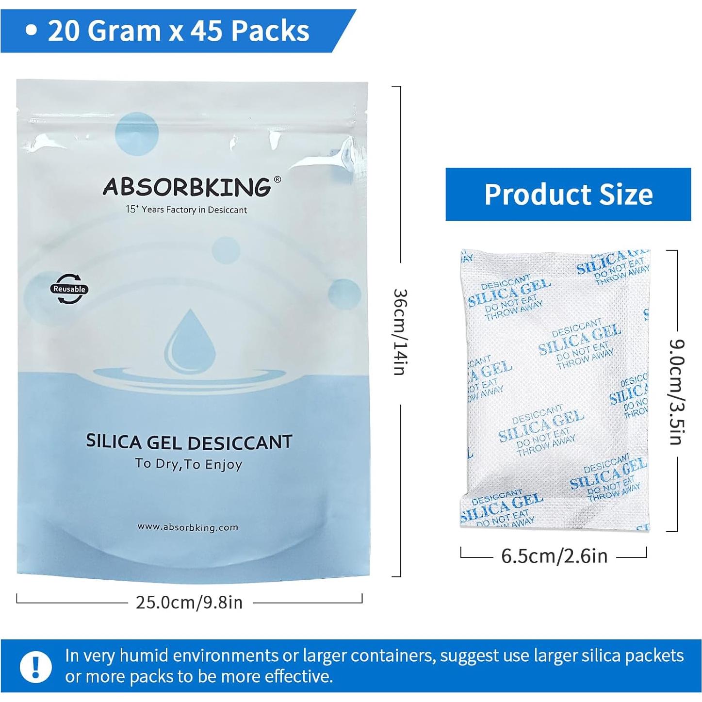 Absorbentes de Humedad Gel de Sílice 20G - 45 Paquetes Premium