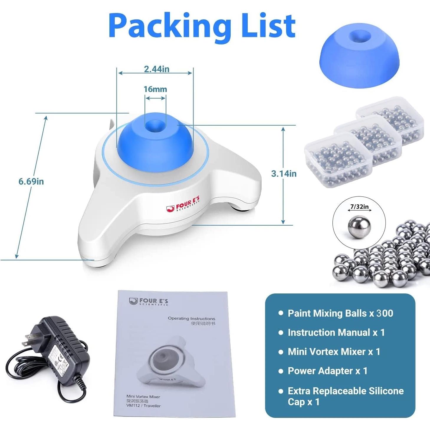 Mezclador Vortex Mini Four E's Scientific 5600 RPM Azul con Tapa Extra y 300 Bolas
