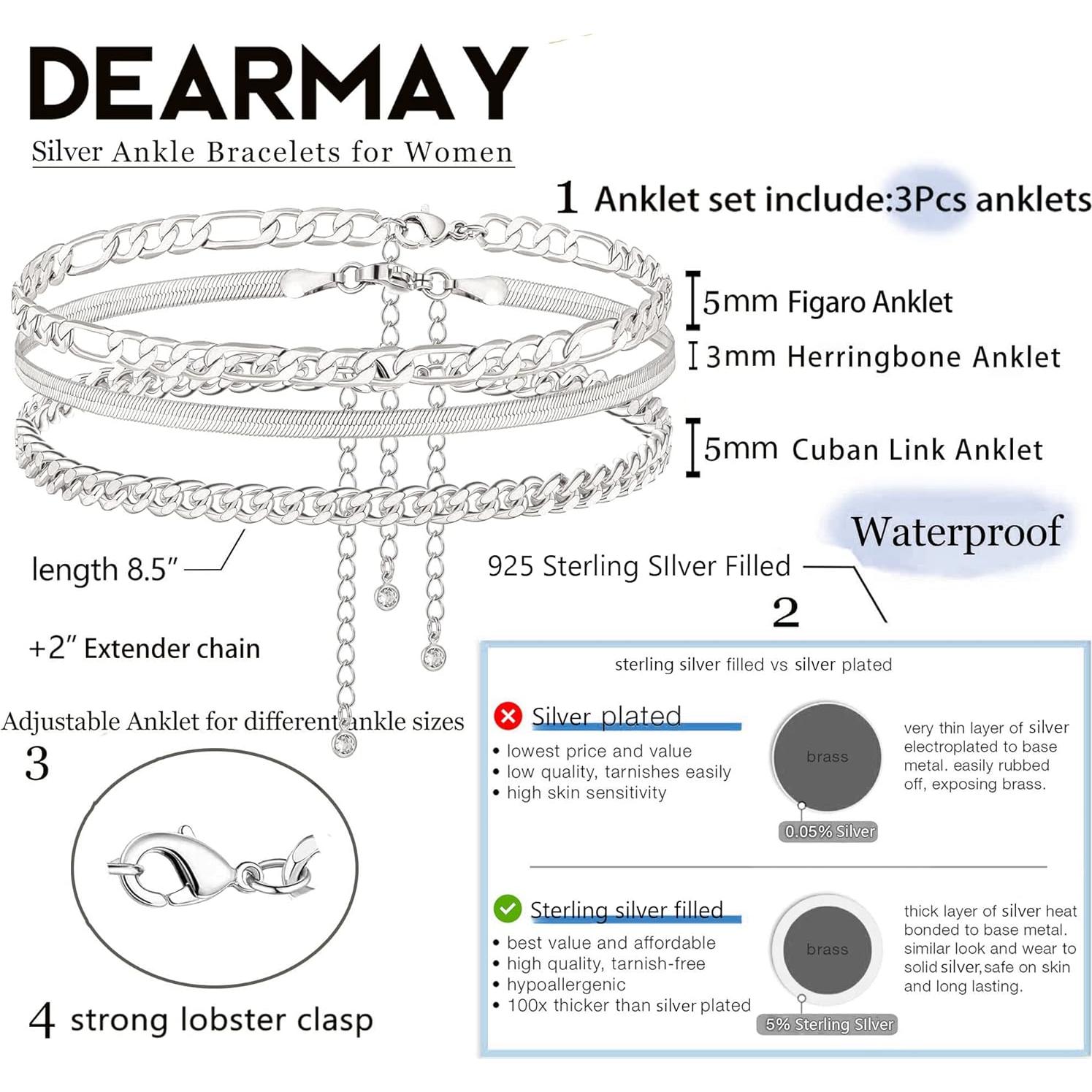 Pulseras de Tobillo DEARMAY Plata Esterlina S925 Impermeables