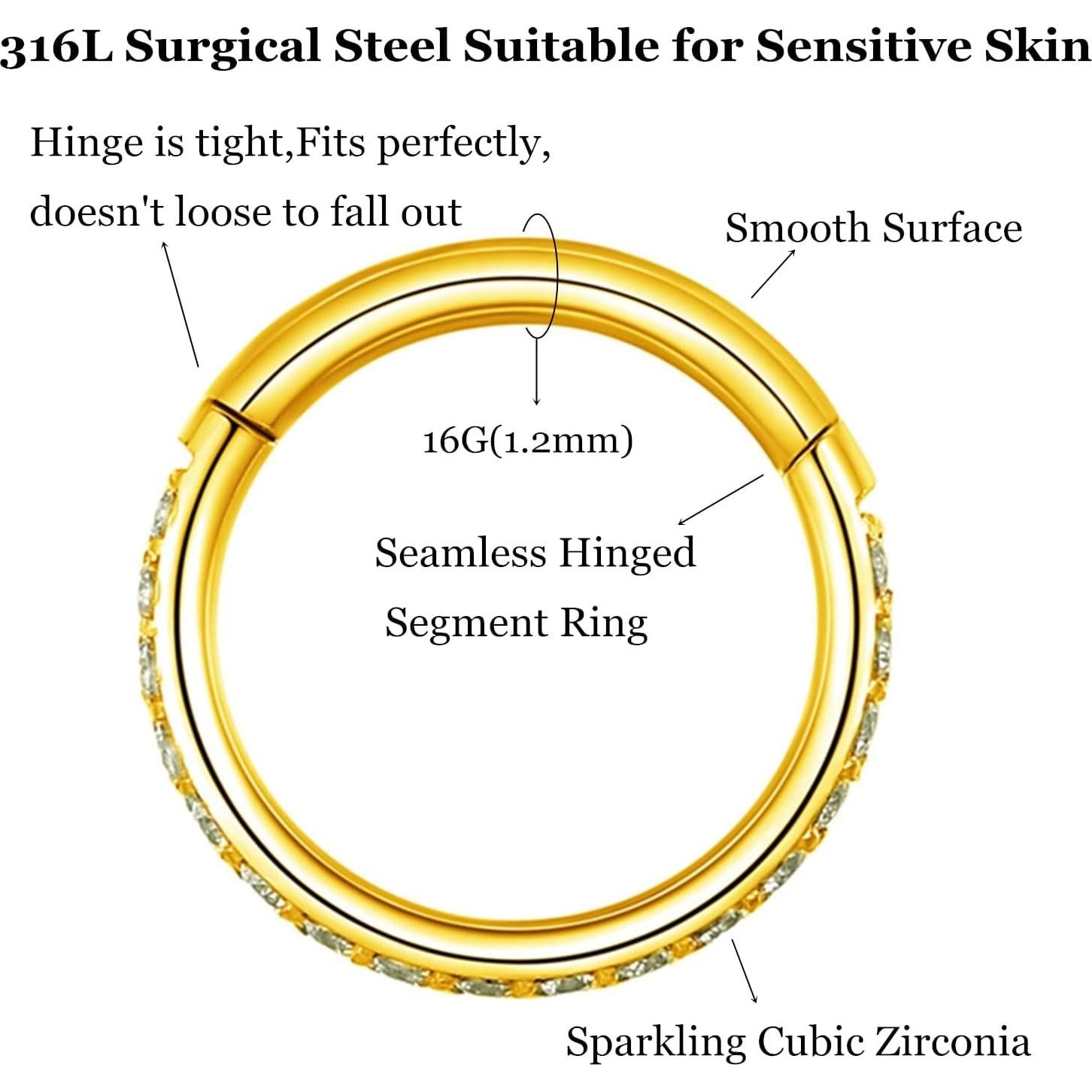 Anillo de nariz segmentado con bisagra L7L7WM 316L Oro 16G 6mm