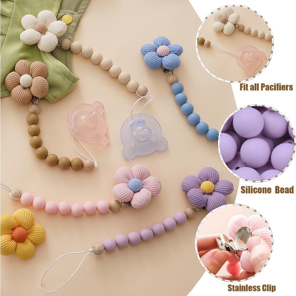 Clip de Chupete de Silicona Beige con Flor Margarita - 2 Pcs