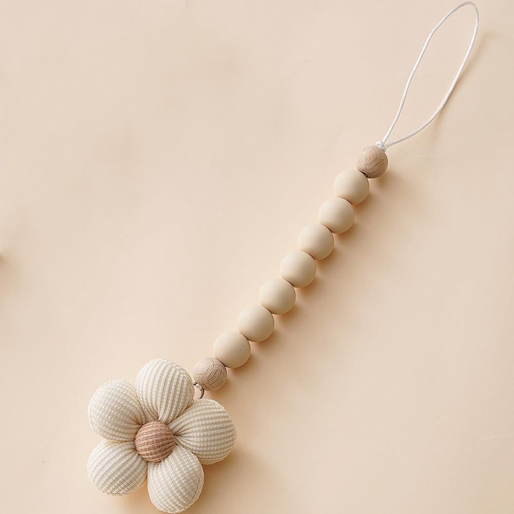 Clip de Chupete de Silicona Beige con Flor Margarita - 2 Pcs