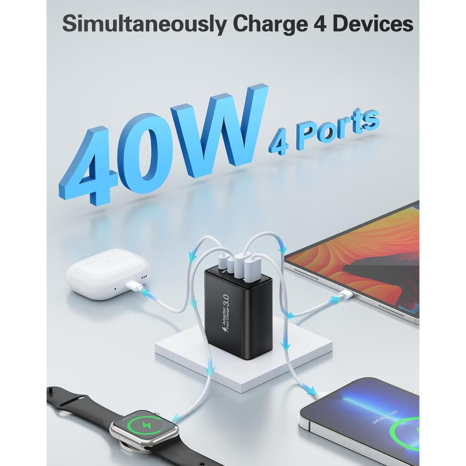 Cargador USB C KOUEMGI 40W 4 Puertos Rápido Negro