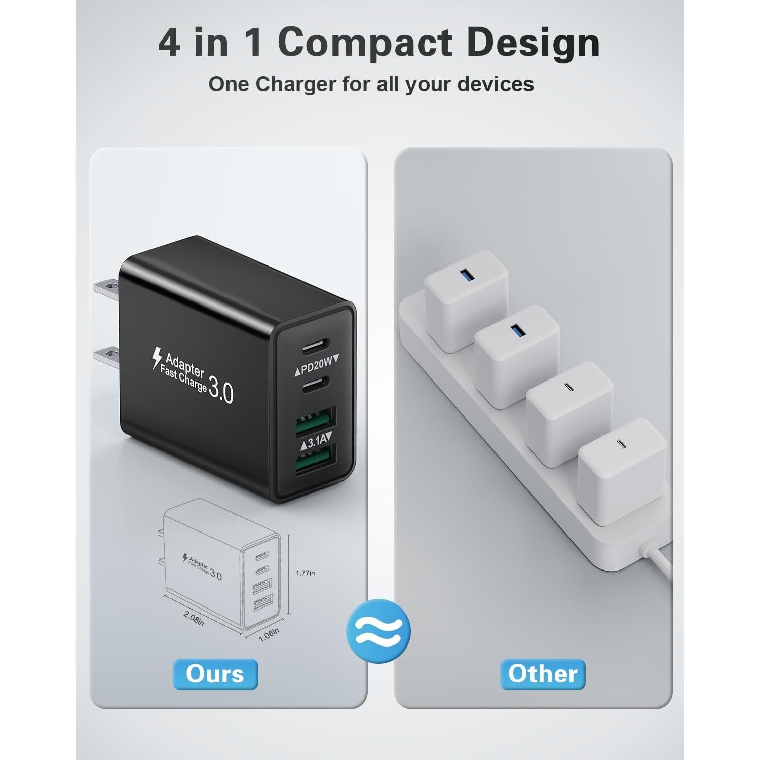 Cargador USB C KOUEMGI 40W 4 Puertos Rápido Negro