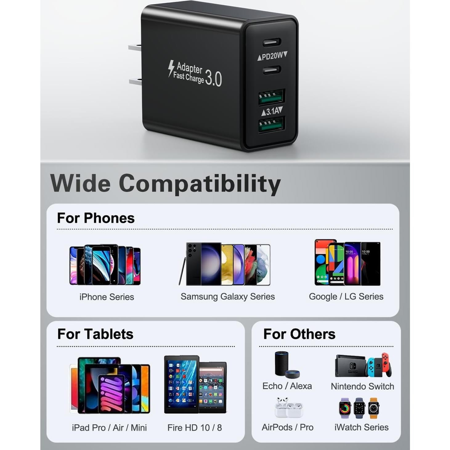 Cargador USB C KOUEMGI 40W 4 Puertos Rápido Negro