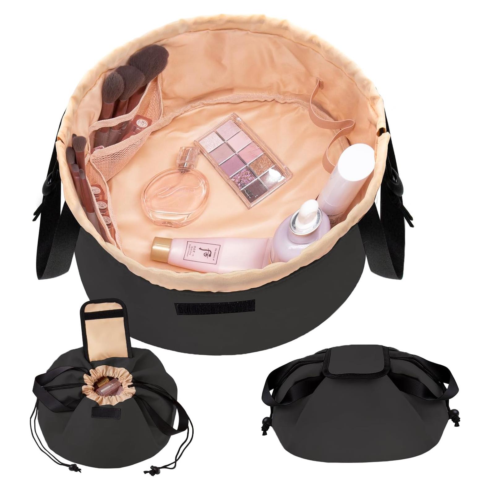 Bolsa de Maquillaje Grande Negra con Cierre de Cuerda 30x30cm