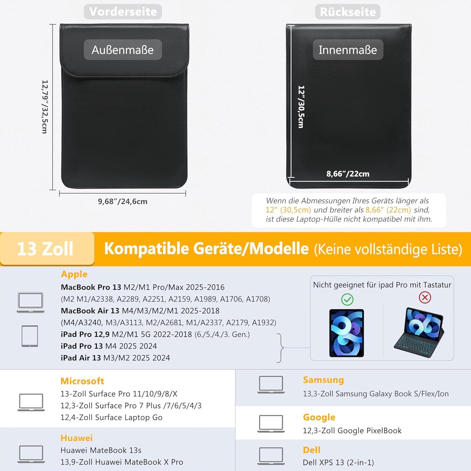 Funda para Laptop 13" HYZUO Negra, Resistente al Agua y Rayones