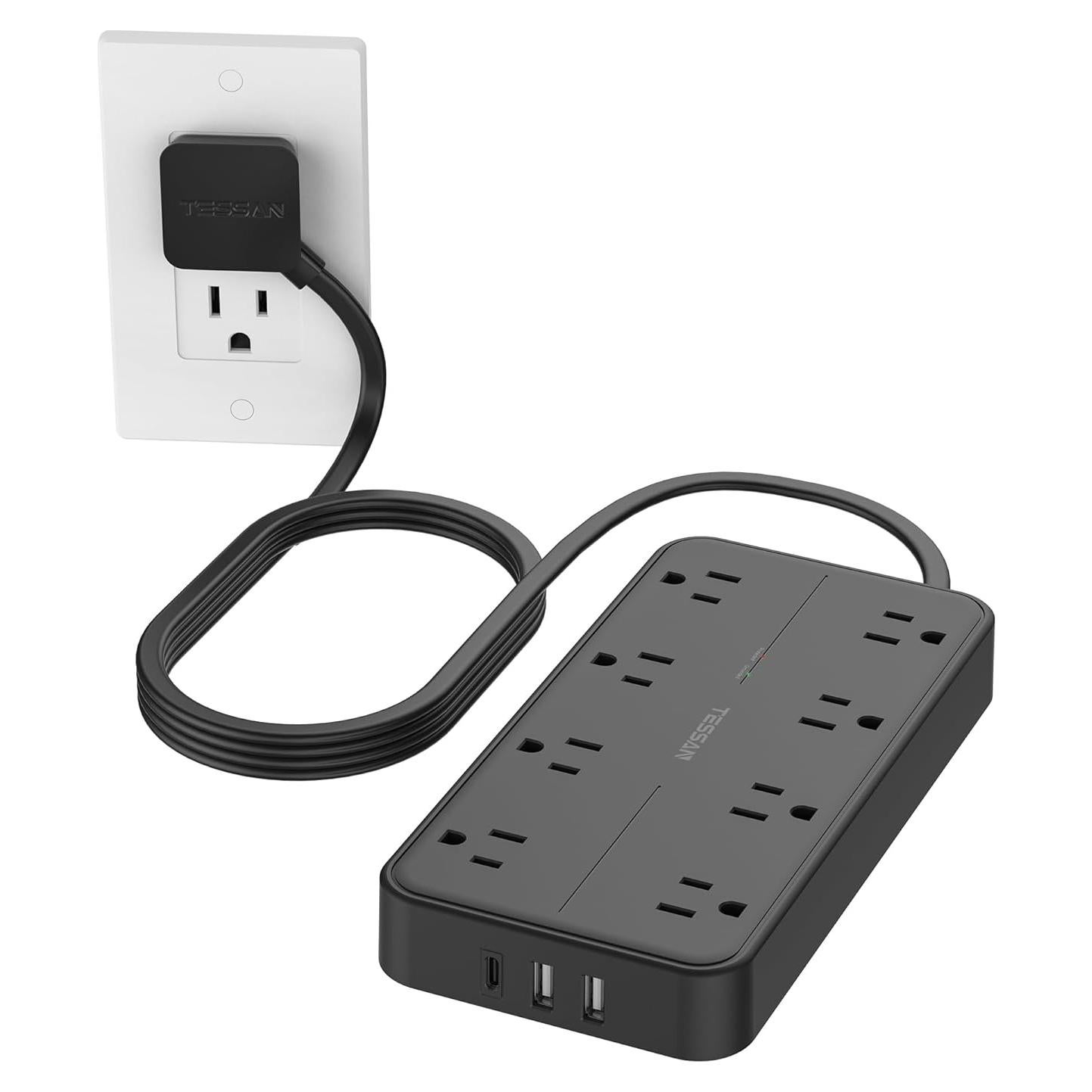 Regleta de Sobretensión 2000J TESSAN 5 PIES 11 Salidas USB AC