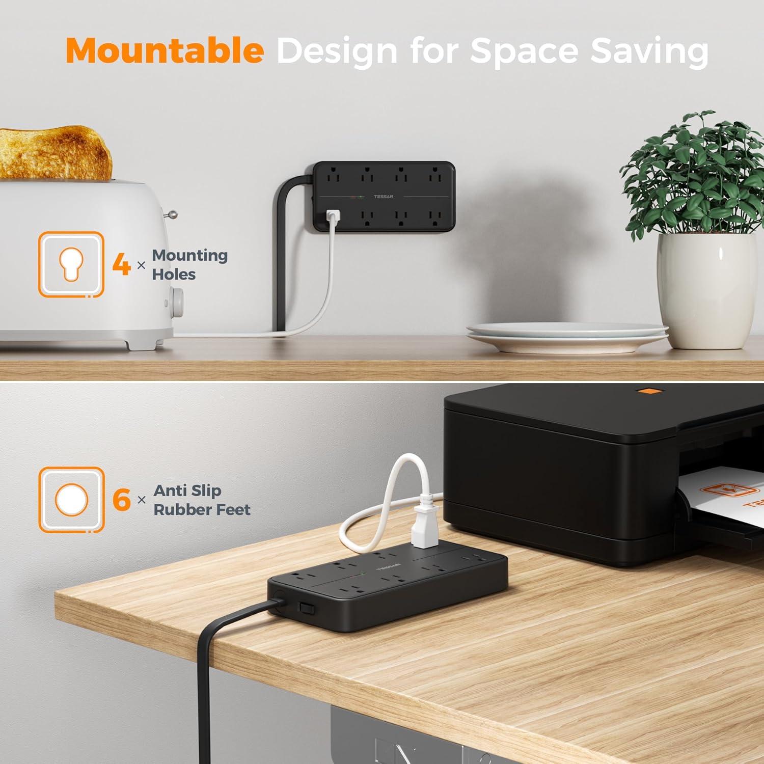 Regleta de Sobretensión 2000J TESSAN 5 PIES 11 Salidas USB AC