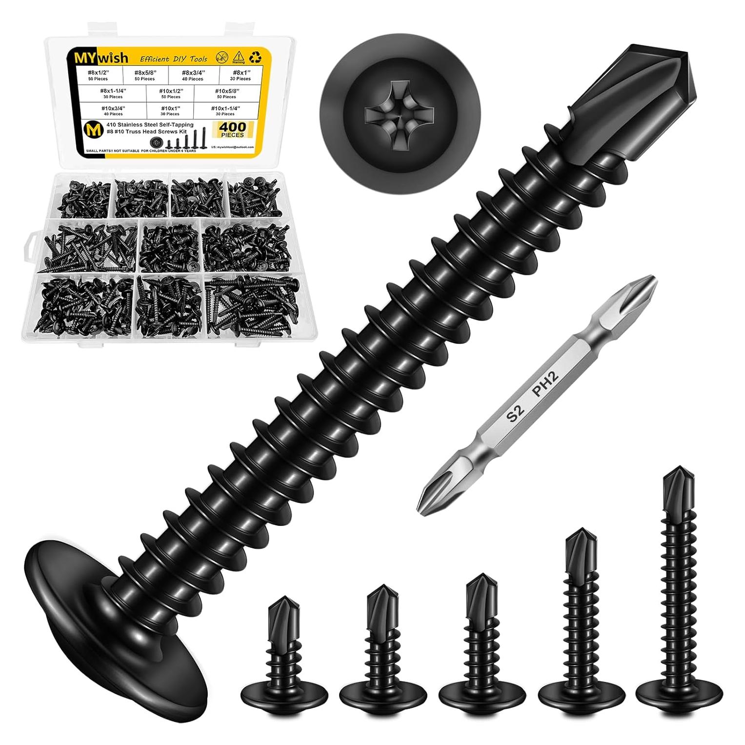 Kit 400 Tornillos Autoperforantes Negros Mywish #8 #10 Acero Inoxidable